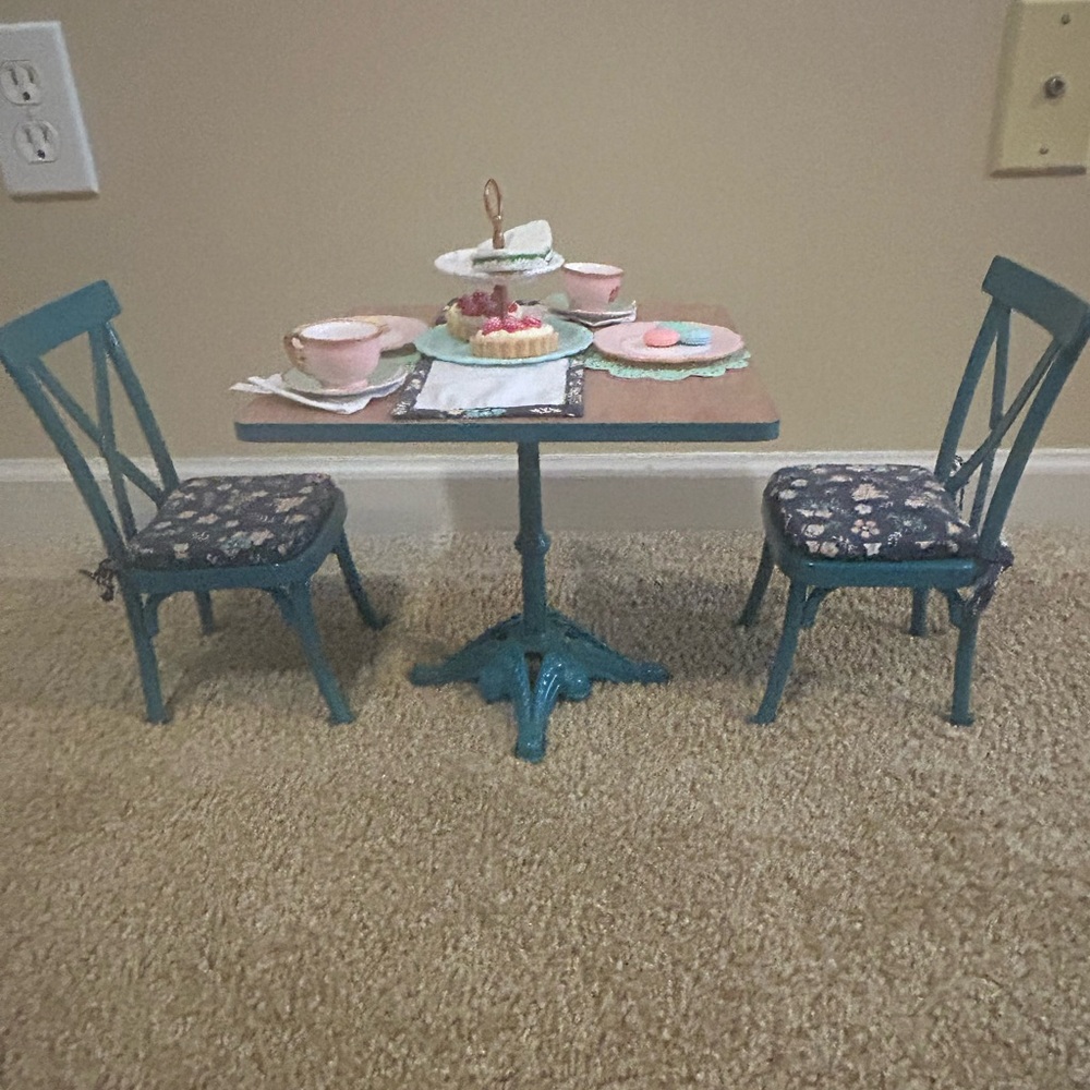 American Girl Teal Dining Set with Floral Cushions